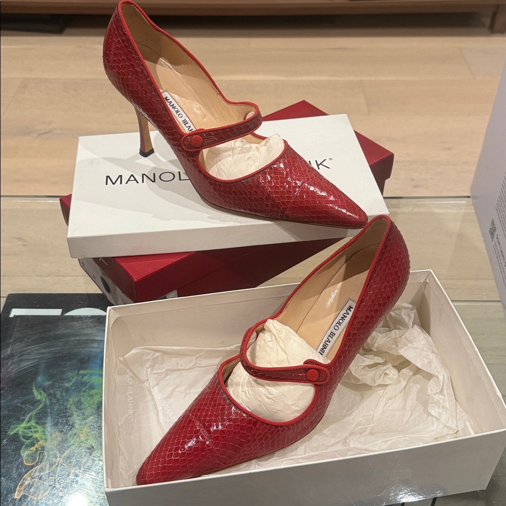 Manolo Blahnik Campari Snakeskin Heels